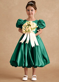 Azazie Jellybean Sukienki dla dziewczynek sypiących kwiaty Suknia balowa Marszczony Matowy satynowy Długość herbaty Sukienka image3