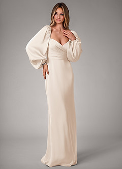 Azazie Sonata Bridesmaid Dresses White Alabaster Sheath Long Sleeve Stretch Satin Convertible Dress image4