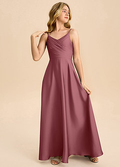 Azazie Bug Junior Vestido de Rosa Del Desierto de Satén Elástico de Corte en A con Plisado image4