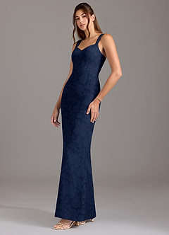 Azazie Denice Bridesmaid Dresses Dark Navy A-Line Pleated Floral Burnout Dress image3