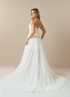 Azazie Maylie At-home Try On Dresses Diamond White Champagne Lace Tulle Dress image5