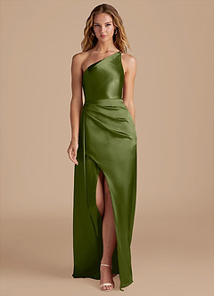 Azazie Maron Final Sale Olive Sheath One Shoulder Metallic Satin Dress image3