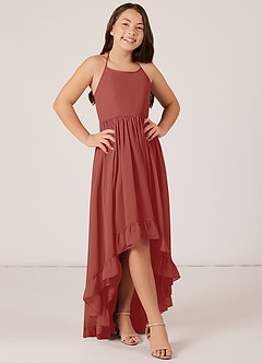 Azazie Sarafina Junior Robe Trapèze en Mousseline de soie Dentelle Terracotta image1