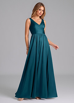 Azazie Keyla Bridesmaid Dresses Ink Blue A-Line Pleated Stretch Satin Dress image6
