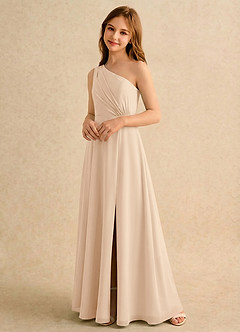 Azazie Puddles Girls Formal Abiti da Ragazza di Fiori Abito A-Line in Chiffon Monospalla Sabbia image4