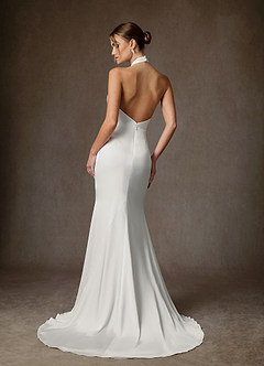 Azazie Tulipa Wedding Dresses Diamond White Sheath High Neck Stretch Satin Dress image2