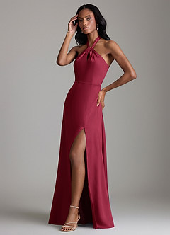 Azazie Tracie Bridesmaid Dresses Burgundy A-Line Side Slit Stretch Satin Dress image4