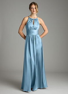 Azazie Bonnie Vestidos de damas de honor Vestido de Azul Acero de Satén Elástico de Corte en A con Plisado image3