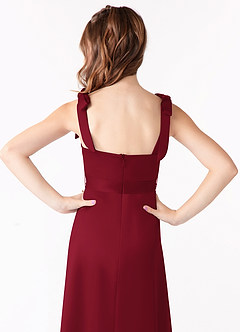 Azazie Barbara Junior Burgundy A-Line Bow Matte Satin Dress image4