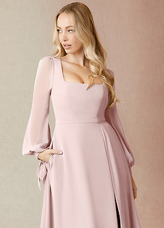 Azazie Leonia Bridesmaid Dresses Blushing Pink A-Line Long Sleeve Chiffon Dress image6