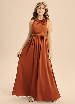 Azazie Jaylah Junior Cinnamon A-Line Pleated Stretch Satin Dress image4