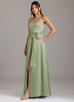 Azazie Elliott Robes de demoiselle d'honneur Robe Trapèze en Satin extensible avec poches Vert Sauge image4