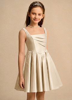 Azazie Jello vestidos de niña de las flores Vestido de Champán de Satin Mate de Princesa con Plisado image3