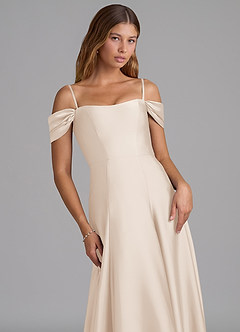 Azazie Seriana 신부 들러리 드레스 A라인 오프 더 숄더 스트레치 새틴 바닥 길이 드레스 image2