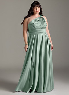 Azazie Charlize Robes de demoiselle d'honneur Robe Trapèze en Satin extensible Asymétrique Agave image9