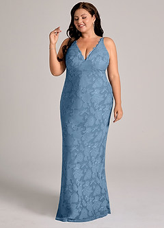 Azazie Tianna Bridesmaid Dresses Steel Blue Sheath Lace Floral Burnout Dress image10