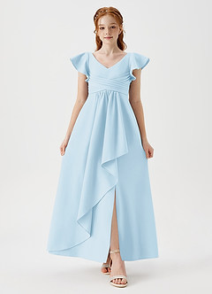 Azazie Omari Junior Sky Blue A-Line Pleated Stretch Crepe Dress image4