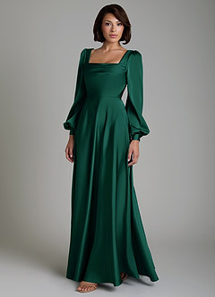 Azazie Solana Robes de demoiselle d'honneur Robe Trapèze en Satin extensible Manches longues émeraude image6