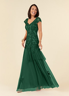 Azazie Romy vestidos de madre de la novia Vestido de Verde Oscuro de Tul de Sirena con Cuello en V Lentejuelas image2