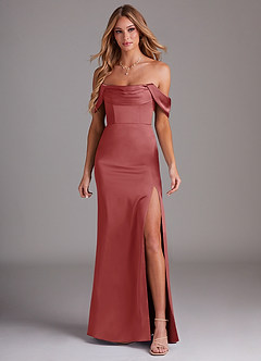 Azazie Saige Suknie dla druhen Osłona Zza ramienia Satyna elastyczna Do ziemi Sukienka image3