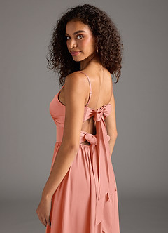 Azazie Zeya Bridesmaid Dresses Coral A-Line Pleated Stretch Satin Dress image5