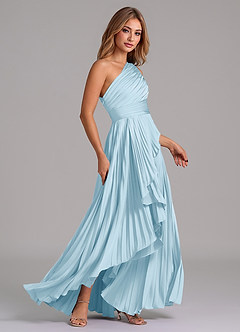 Azazie Lyrica Abiti da Damigella Abito A-Line in Raso Elasticizzato Monospalla Azzurro image2