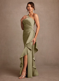 Azazie Yvette vestidos de madre de la novia Vestido de Musgo Verde de Satén Elástico de Corte Recto con Hombro unilateral image4