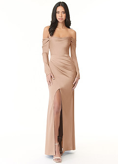 Azazie Hallie Bridesmaid Dresses English Rose Sheath Off-The-Shoulder Long Sleeve Stretch Satin Convertible Dress image3