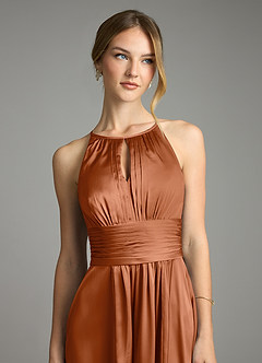 Azazie Bonnie Bridesmaid Dresses Copper A-Line Pleated Stretch Satin Dress image2