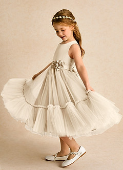 Azazie Miracle Flower Girl Dresses Champagne A-Line Bow Matte Satin Dress image1