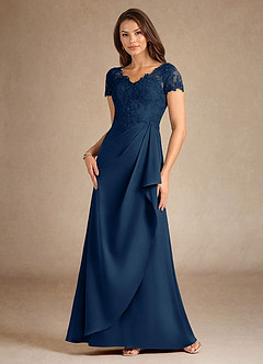 Azazie Santa Ana Mother of the Bride Dresses Dark Navy A-Line Lace Stretch Satin Dress image4