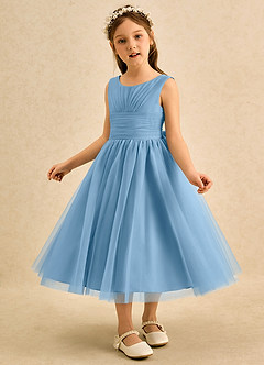 Azazie Macaron Jurken voor bloemenmeisjes A-Lijn Jurk van Tule Geplooid Staal Blauw image4