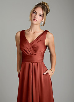 Azazie Karina Bridesmaid Dresses Terracotta A-Line Pleated Stretch Satin Dress image7