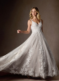 Azazie Delaina Vestidos de novia Vestido de Blanco Diamante Moca de Tul de Corte en A con Lentejuelas cuello pico image8