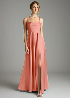 Azazie Elle Bridesmaid Dresses Coral A-Line Pleated Stretch Satin Dress image1