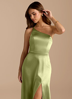 Azazie Trina Bridesmaid Dresses Pistachio A-Line One Shoulder Metallic Satin Dress image7