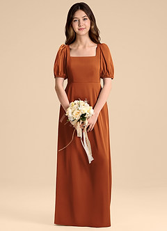 Azazie Briar Junior Cinnamon A-Line Bow Stretch Satin Dress image1