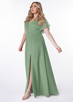 Azazie Rylee At-home Try On Dresses Dusty Sage A-Line Pleated Chiffon Dress image8