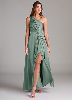 Azazie Brooke Robes de demoiselle d'honneur Robe Trapèze en Satin extensible Une épaule Sauge D'argent image4