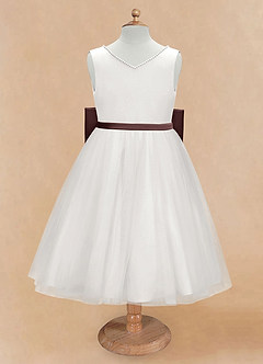 Azazie Seline Flower Girl Dresses Ivory Espresso A-Line Bow Tulle Dress image6