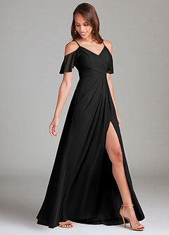 Azazie Dakota Bridesmaid Dresses Black A-Line Off the Shoulder Mesh Dress image3