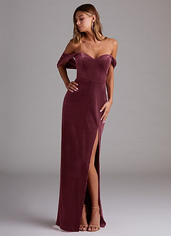 Azazie Shay Bridesmaid Dresses Raspberry Sheath Off the Shoulder Velvet Convertible Dress image1