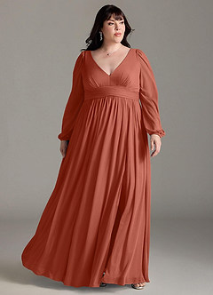 Azazie Norah Bridesmaid Dresses Clay A-Line V-Neck Long Sleeve Chiffon Dress image6