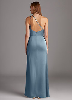Azazie Mika Robes de demoiselle d'honneur Robe Fourreau en Satin extensible Ue épaule Bleu Poussiéreux image2