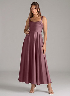 Azazie Shaude Robes de demoiselle d'honneur Robe Trapèze en Satin extensible Plissé Améthyste image1