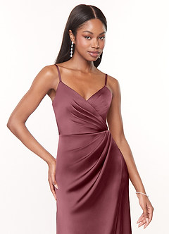 Azazie Maci Brautjungfernkleider A-Linie V-Hals Gefaltet Stretch-Satin Kleid Wüstenrose image5