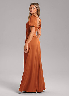 Azazie Fyona Bridesmaid Dresses Cinnamon A-Line Pleated Stretch Satin Dress image5