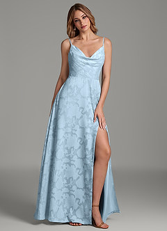 Azazie Sarella At-home Try On Dresses Sky Blue A-Line Pleated Floral Burnout Dress image5