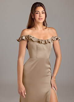 Azazie Callie Bridesmaid Dresses Taupe A-Line Ruched Stretch Satin Convertible Dress image8
