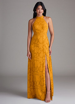 Azazie Clarice Bridesmaid Dresses Butterscotch A-Line Side Slit Floral Burnout Dress image4